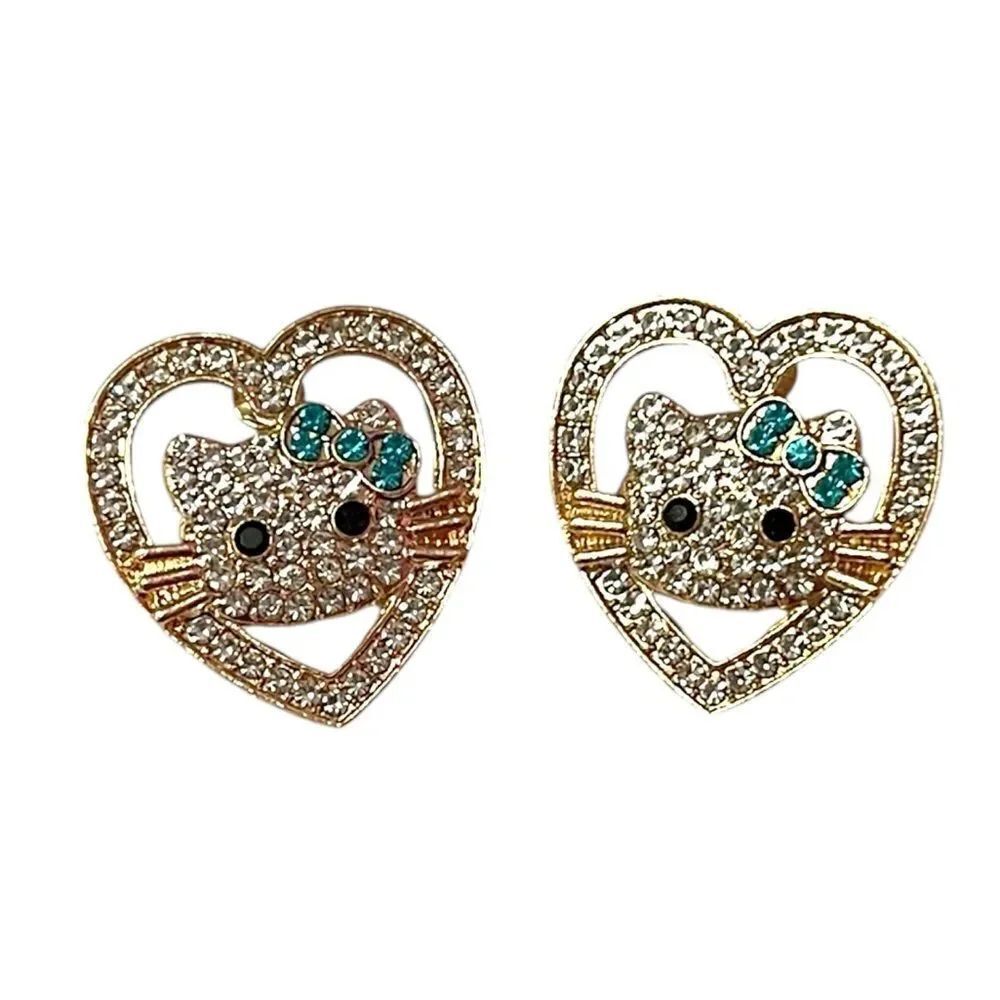 💎2/$30💎 Hello Kitty Crystal Heart Blue Bow Gold Stud Earrings
